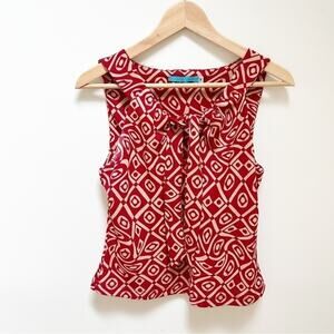 Johnny Was Women's Red White Print Sleeveless Ruffle Tie Neck Blouse Size M